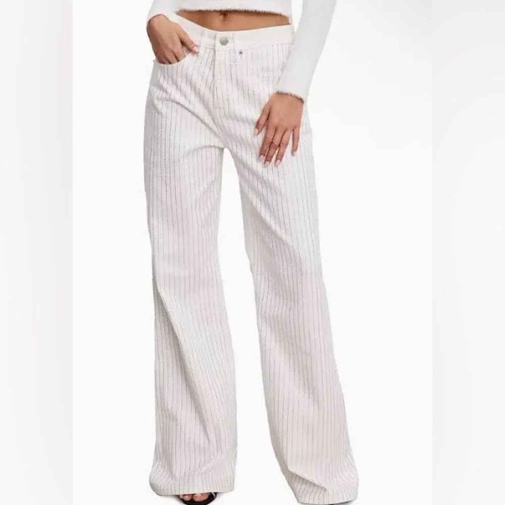 Good American White rhinestone Pinstripe Wide Leg Jeans - Picture 1 of 9
